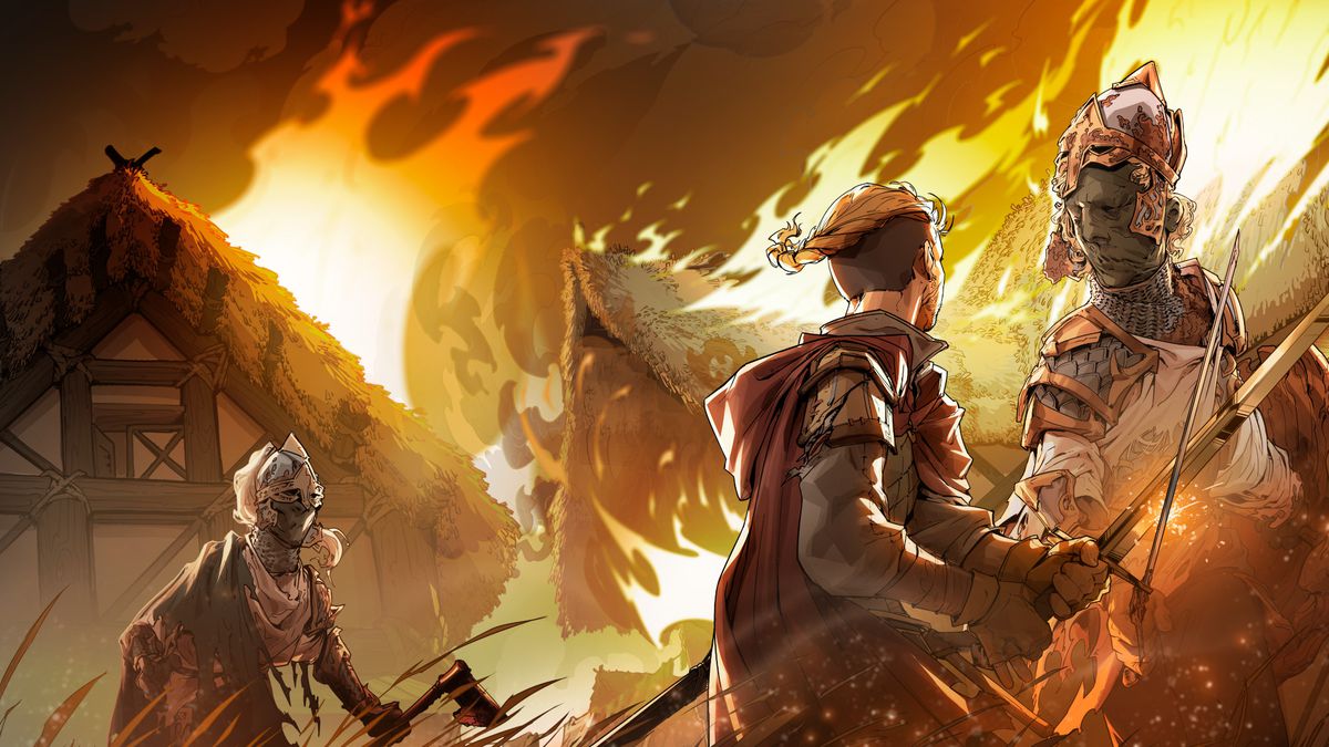 En Red Warden slåss med en zombievarelse som bär ett svärd.  Till vänster om honom närmar sig en annan varelse, med en yxa.  I bakgrunden brinner halmtak och träbyggnader.