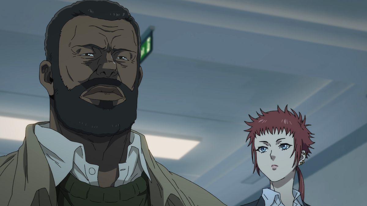En närbild av en brunhårig animeman och en rödhårig animekvinna som står i en vit hall.