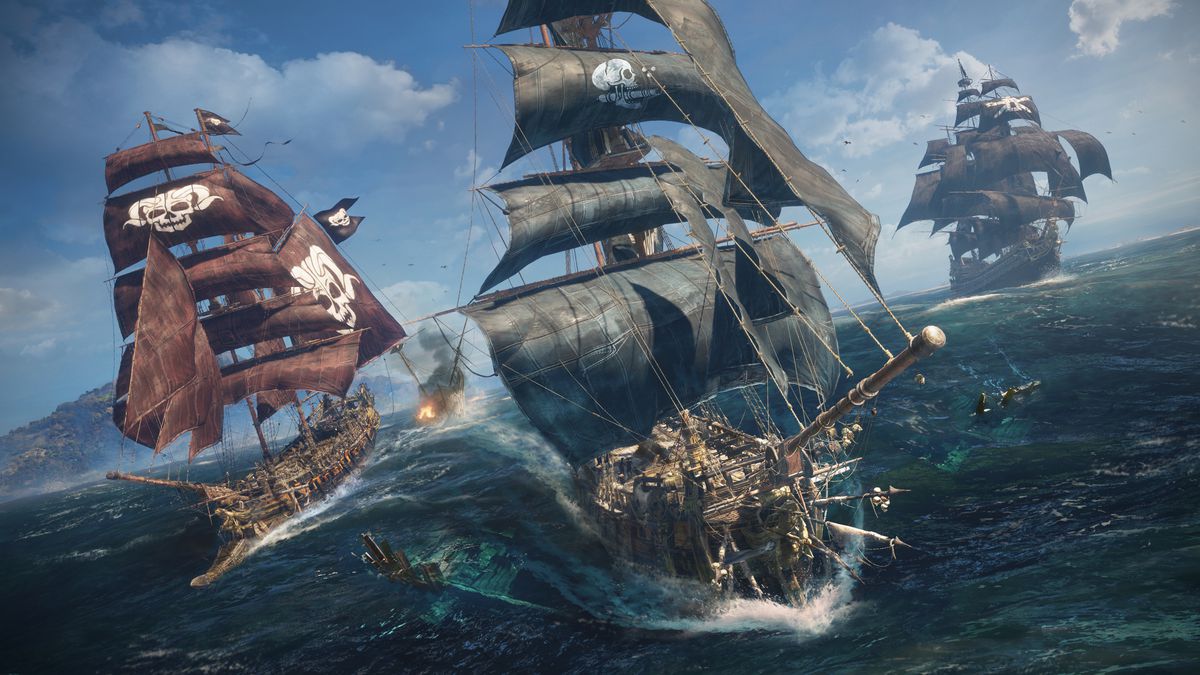 Tre höga skepp med fulla segel öppnar sig bort från betraktaren i Ubisofts piratäventyr Skull and Bones