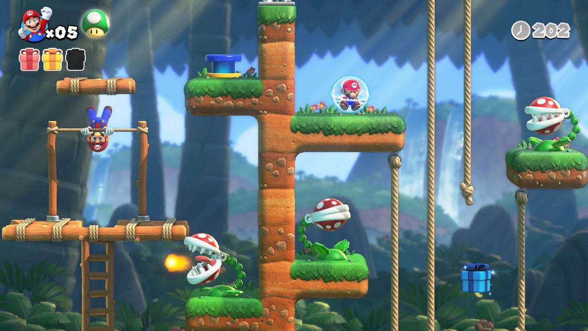 Mario snurrar på en hög bar i en djungelnivå full av Pirhana-växter