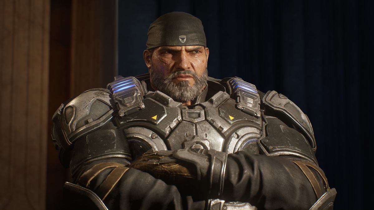 en åldrad, stridsärrad Marcus Fenix, originalhjälte från Gears of War-serien, som han dyker upp i 2019 års Gears 5