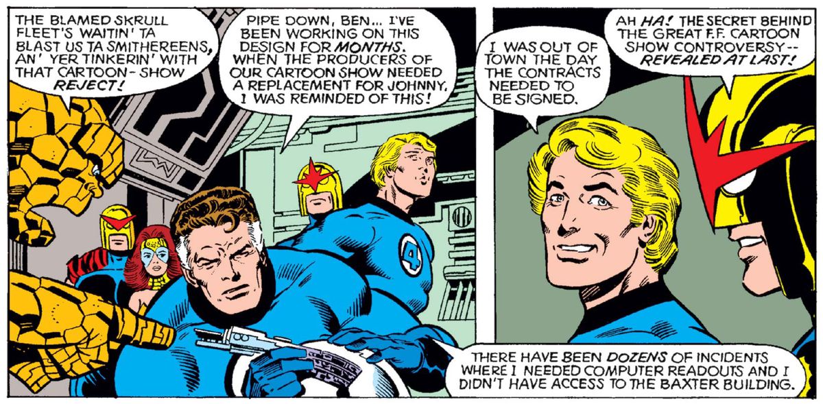 Två paneler från Fantastic Four #209 visar Reed Richards och Johnny Storm som förklarar skapandet av HERBIE till The Thing och Nova.