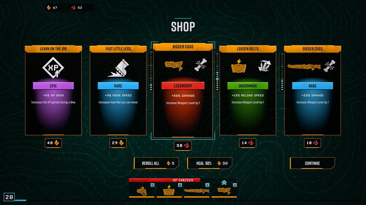 Ett urval av uppgraderingar tillgängliga i butiken i Deep Rock Galactic, som visar hur spelarna kan stärka sitt vapen eller dvärg.