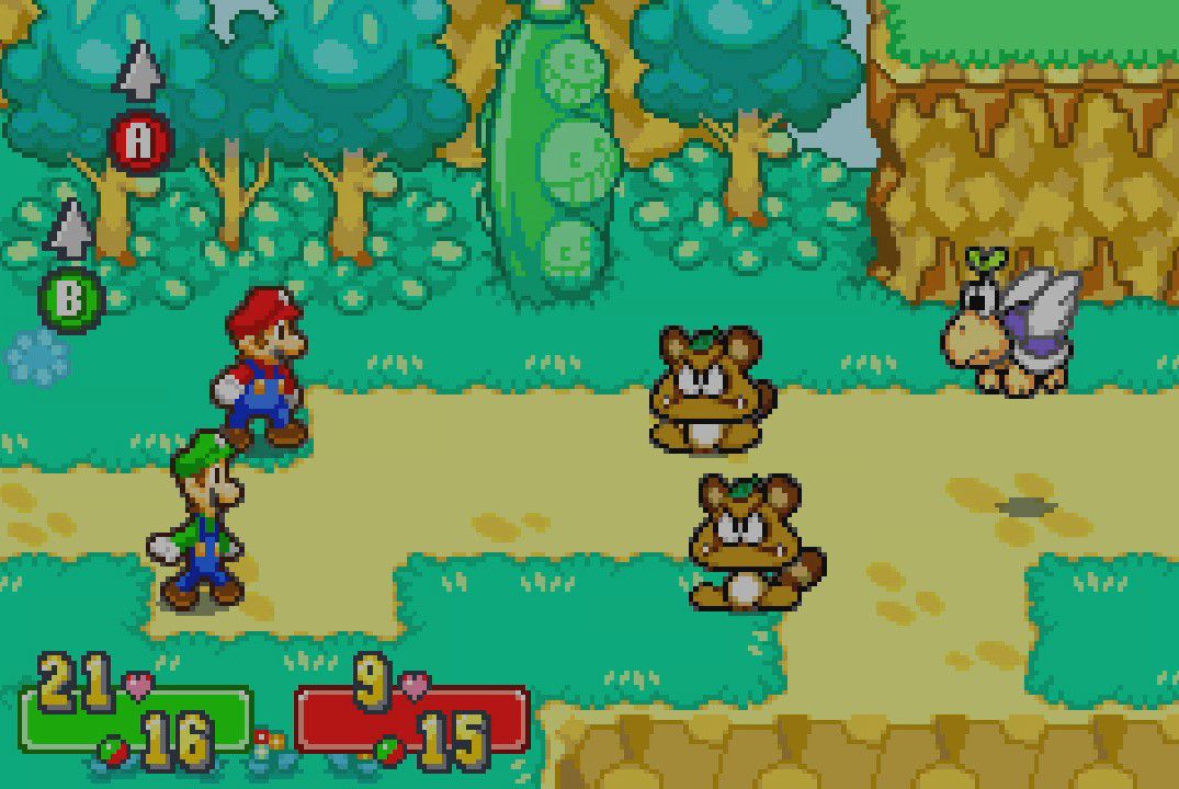 Mario and Luigi line up against some Goombas for turn-based battle in Mario & Luigi: Superstar Saga