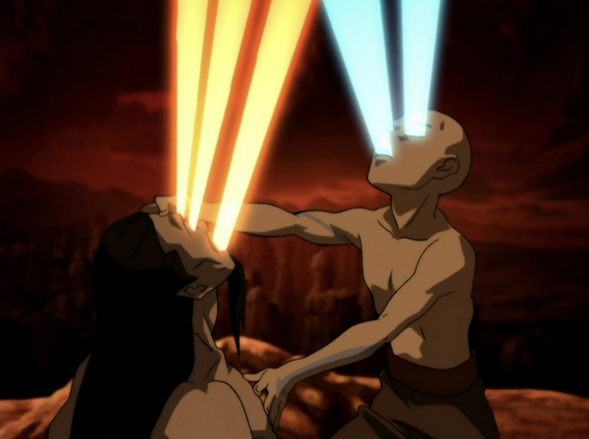 Aang holding Ozai with spirit energy coming out of both of their eyes and mouths