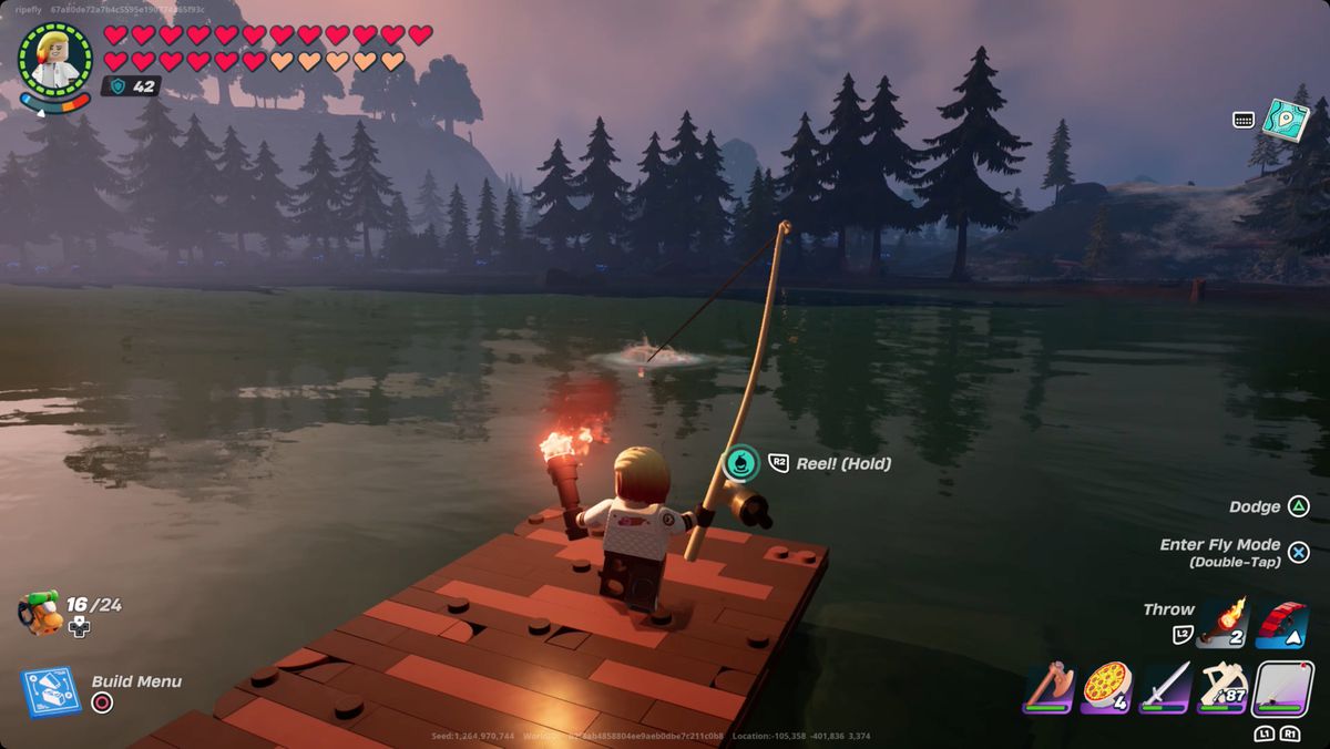 Lego Fortnite-spelare som använder ett fiskespö