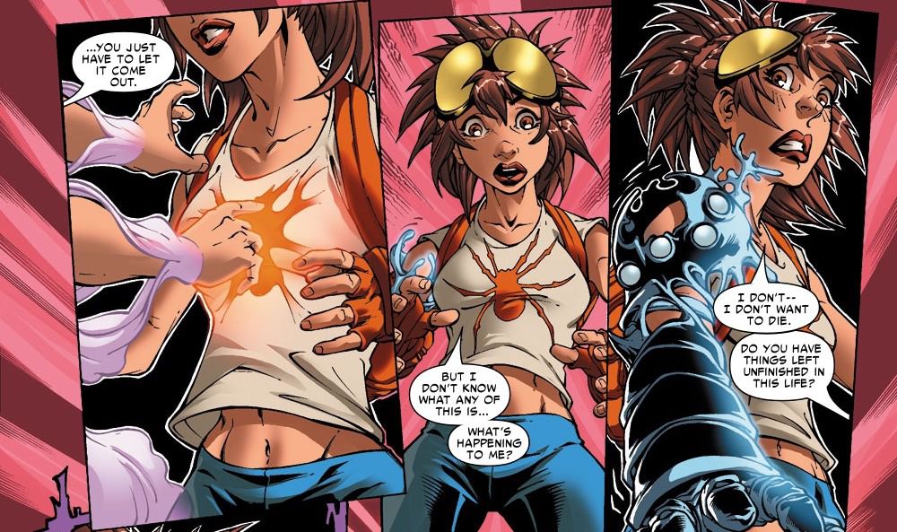 Ett uppenbarelse rör vid spindeln på Añas t-shirt och hennes kropp börjar täckas av ett konstigt ryggsköld i Amazing Fantasy #5 (2004). 