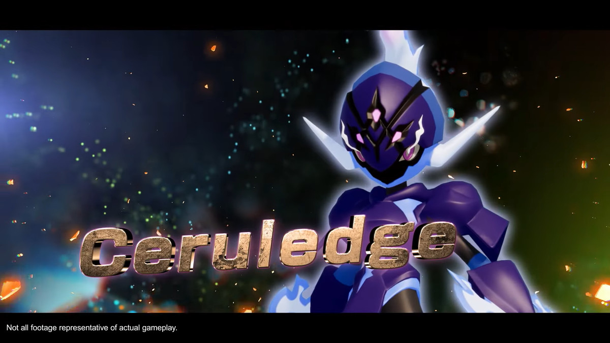 En lila Pokémon som heter Ceruledge ser hotfull ut.  Texten på skärmen säger 