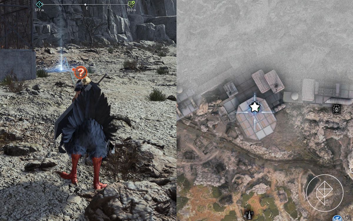 En chocobo närmar sig en torkad drivvedsbit i Junon i Final Fantasy 7 Rebirth bredvid en karta som visar platsen för den torkade drivvedsbiten.