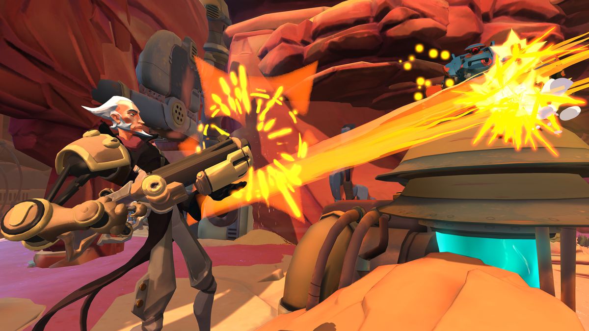 En skärmdump av Gigantic: Rampage Edition med den nya hjälten Roland som skjuter en pistol mot en enhet