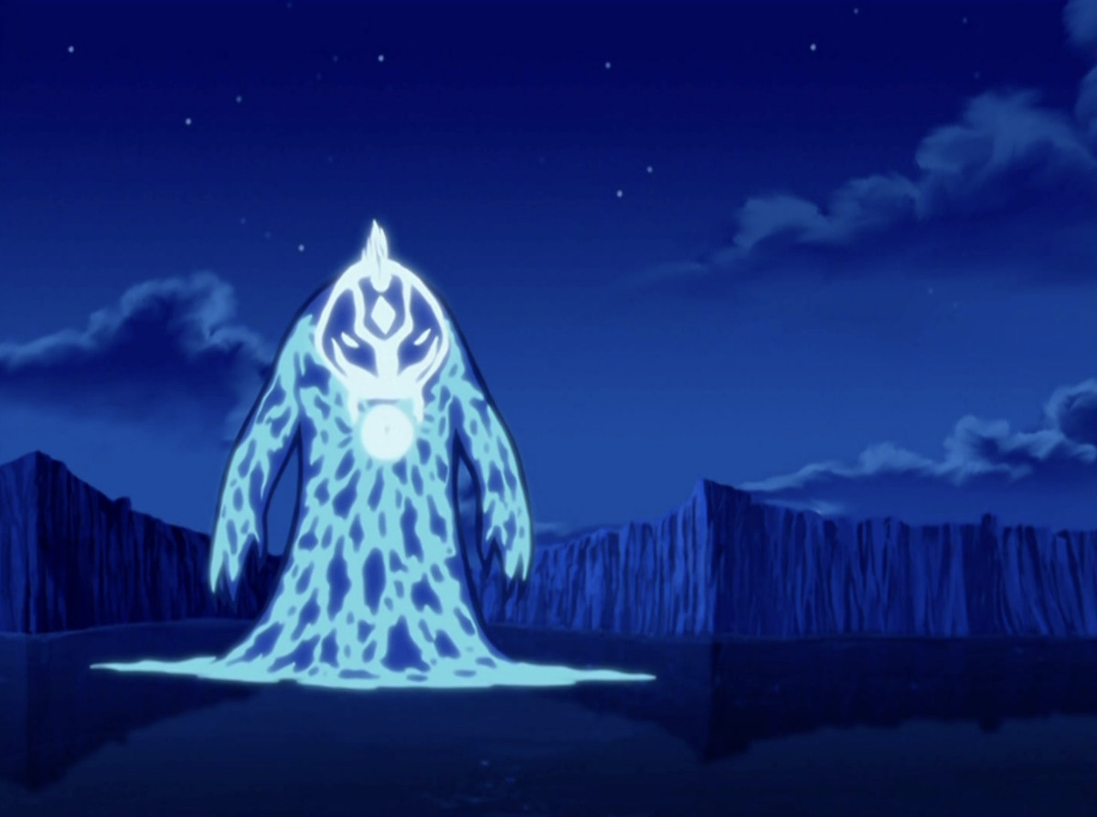 Aang i sitt avatarläge kombinerat med månandan för att bli ett gigantiskt vattenmonster i säsong 1-finalen