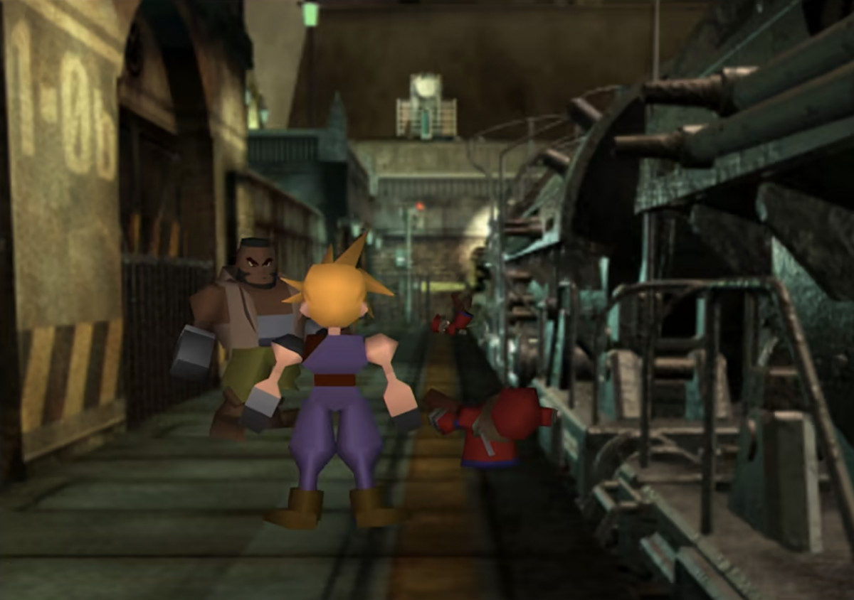 En bild av det ursprungliga Final Fantasy 7-spelet portat till Nintendo Switch.  Den visar Cloud and Barret med traditionell PlayStation 1-grafik. 