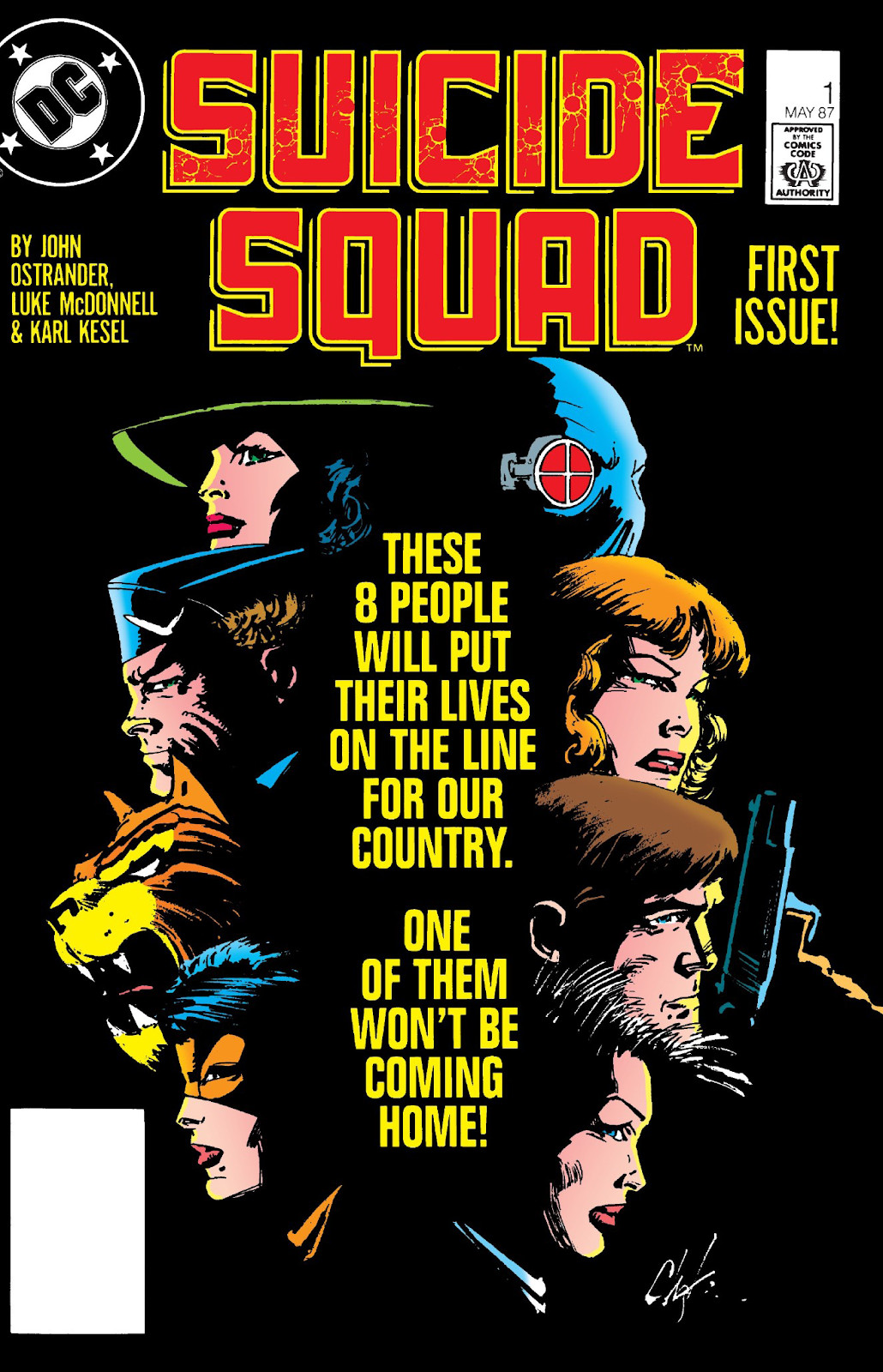 Bild: De åtta medlemmarna i Suicide Squad i mörkt upplyst profil på omslaget till Suicide Squad #1 (1987).  Blocktext i mitten av bilden lyder: 