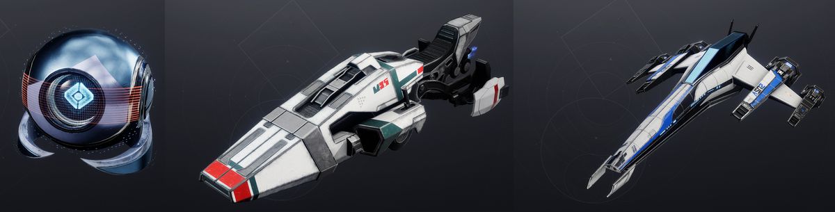 Skärmdumpar i spelet av Enhanced Defense Ghost Shell, Alliance Scout Fregate Ship och Alliance Drop Ship Sparrow i Destiny 2