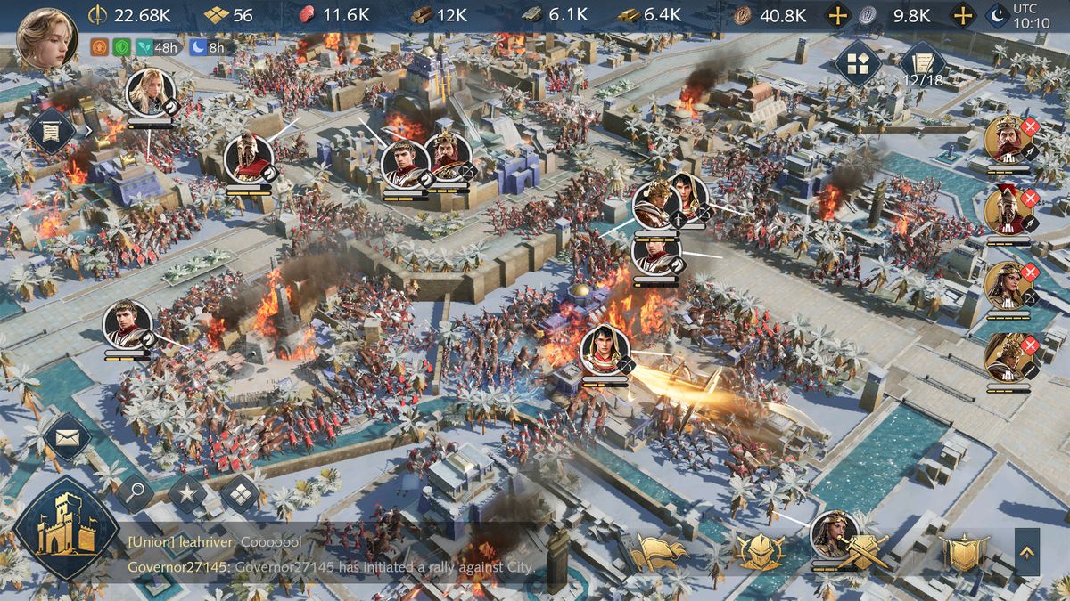 Ett antal enheter attackerar en central plats i Age of Empires Mobile.  Enheterna är representerade med bubblor som ser ut att vara lätta att knacka på.  Det finns också en menyrad högst upp som visar dina resurser.