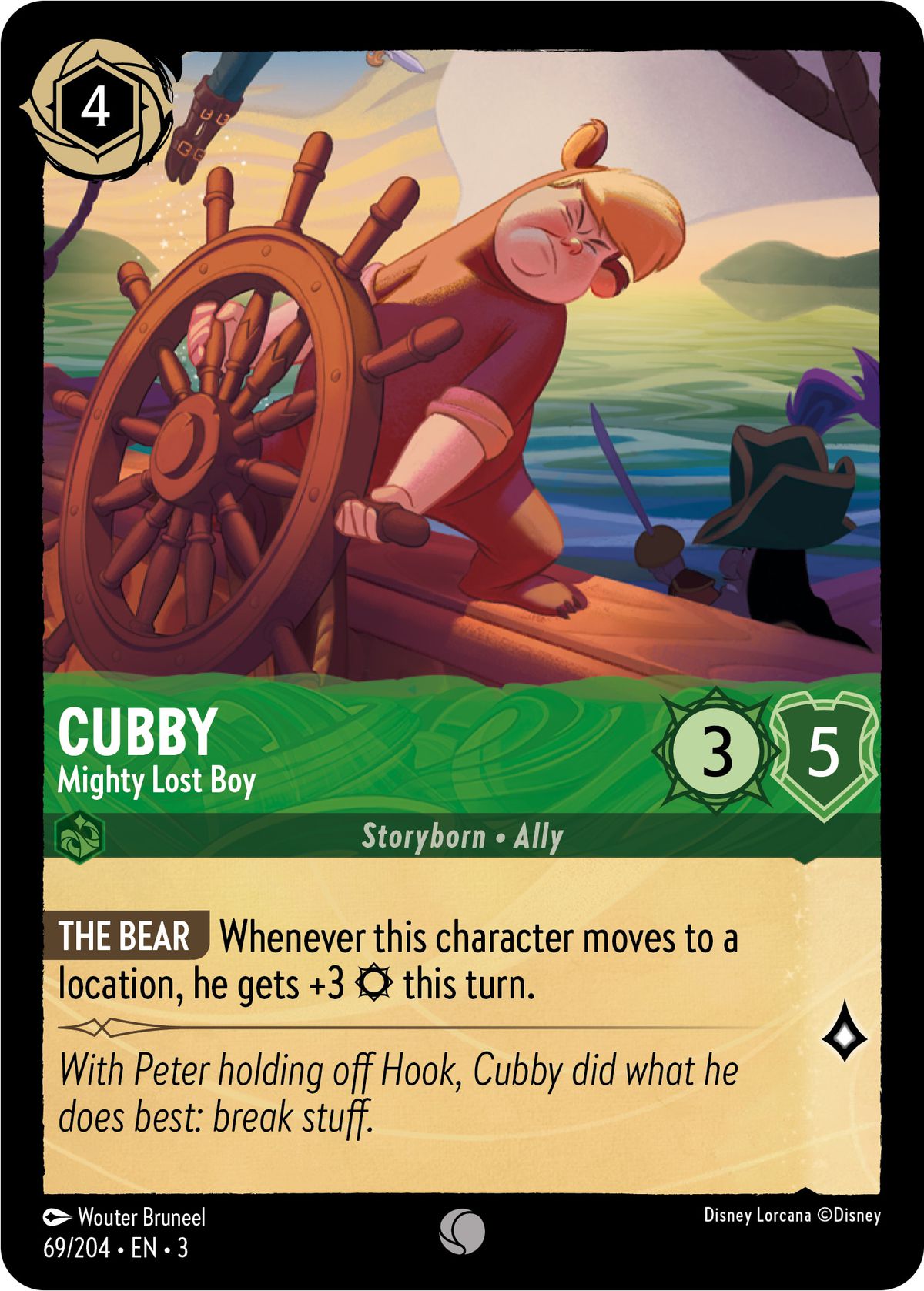 Cubby, Mighty Lost Boy, är ett kort med 4 bläck med 3/5 och en lore.  Han får en buff när han är på en plats.