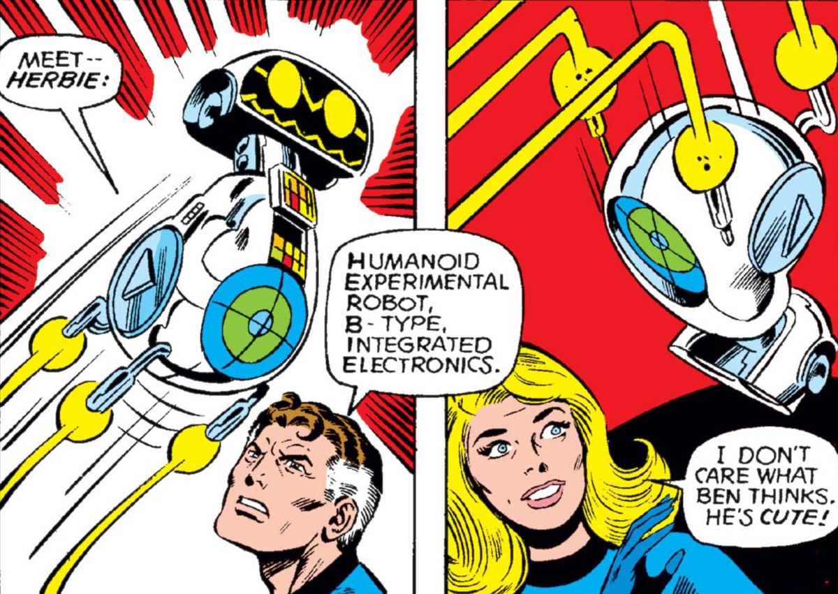 Reed Richards introducerar HERBIE i Fantastic Four nummer 209, med Sue Storm som kommenterade 