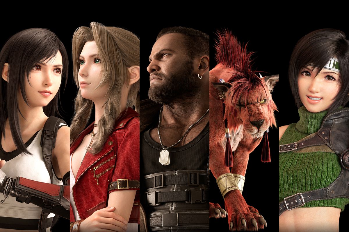 En skivad bild av Tifa, Aerith, Barret, Red XIII och Yuffie, som de visas i FF7 Rebirth.