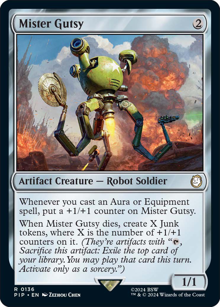 Mister Gutsy, en flerarmad robot bredvid en explosion, som en Magic: the Gathering Card.  Kortets beskrivning lyder: När du kastar en Aura- eller Equipment-trollformel, sätt en +1/+1-räknare på Mister Gutsy.  När Mister Gutsy dör, skapa X Junk Tokens, där X är antalet +1/+1-räknare på den.