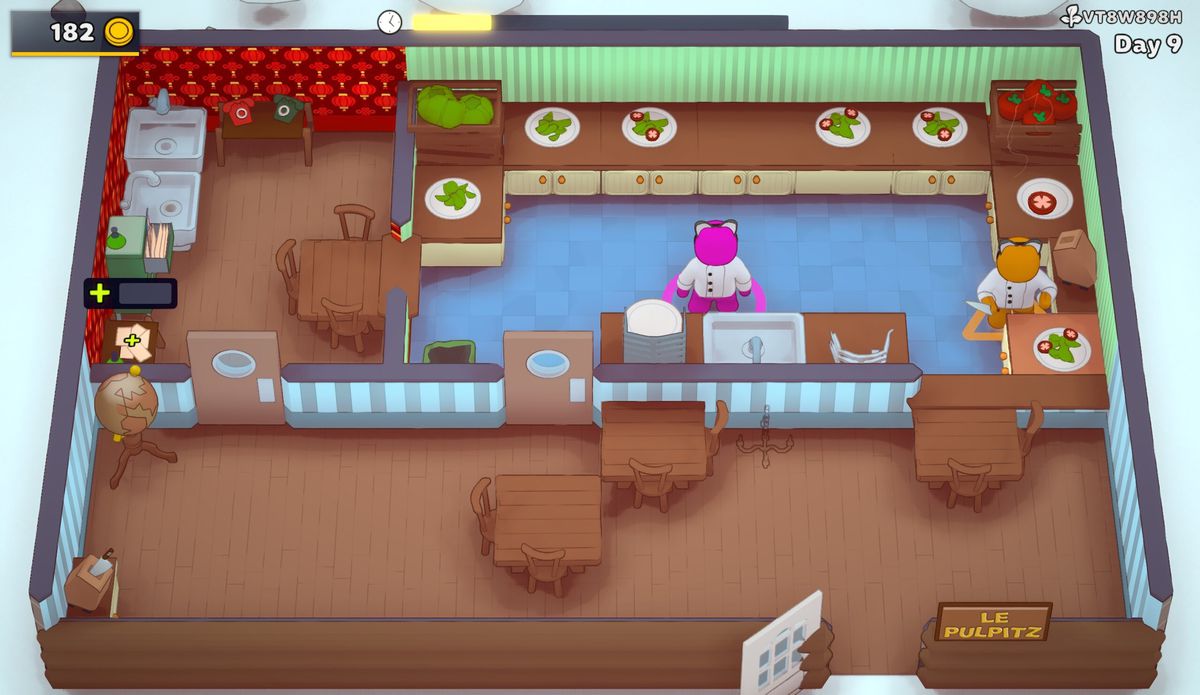 Två restaurangarbetare med kattöron sätter sig i sin restaurang i PlateUp!
