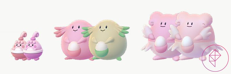 Happiny, Chansey och Blissey jämfört med deras skinande former.  Blissey är något mörkare rosa, Chansey blir grön och Blissey blir ljusare rosa.