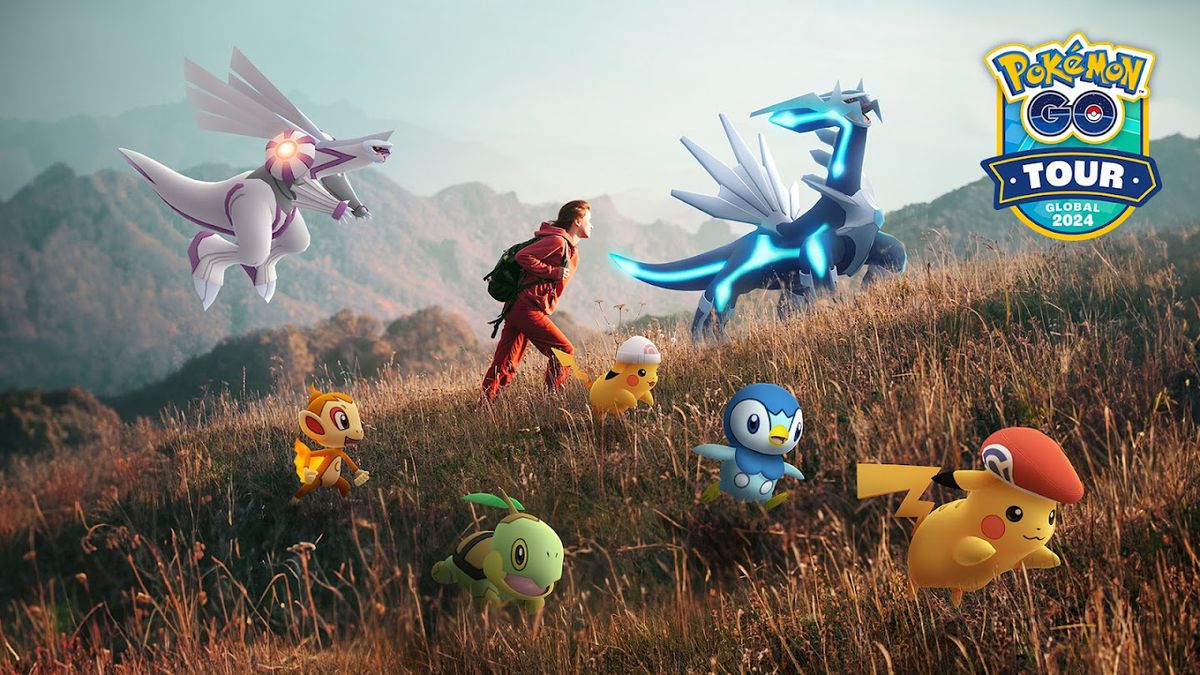 En person går uppför en kulle med flera Pokémon, inklusive Dialga och Palkia, runt sig