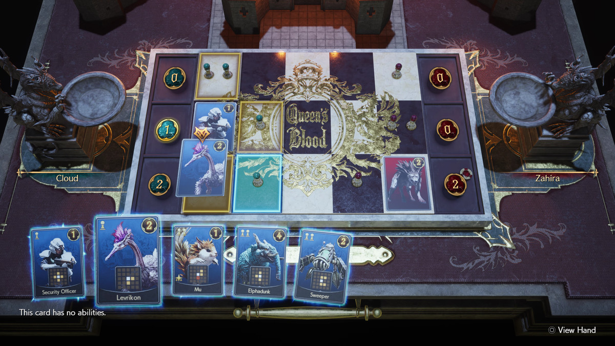 A screenshot of the Final Fantasy 7 Rebirth collectible card game, Queen’s Blood