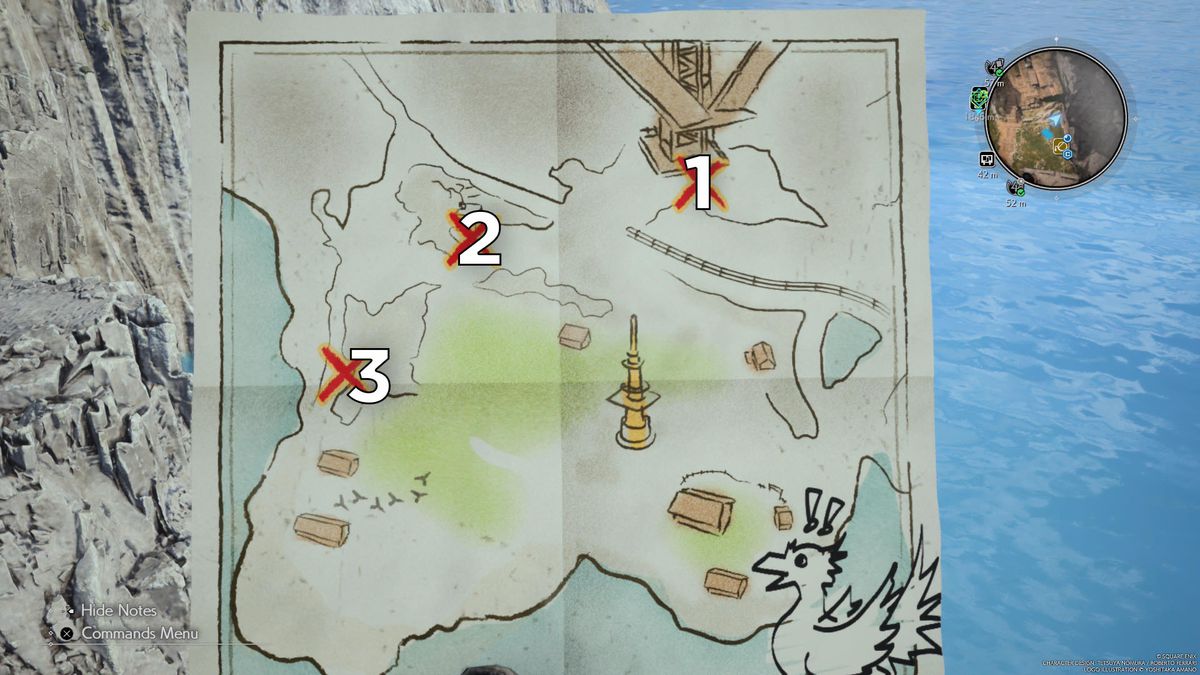 En karta visar platsen för torkat drivved i Junon i Final Fantasy 7 Rebirth.