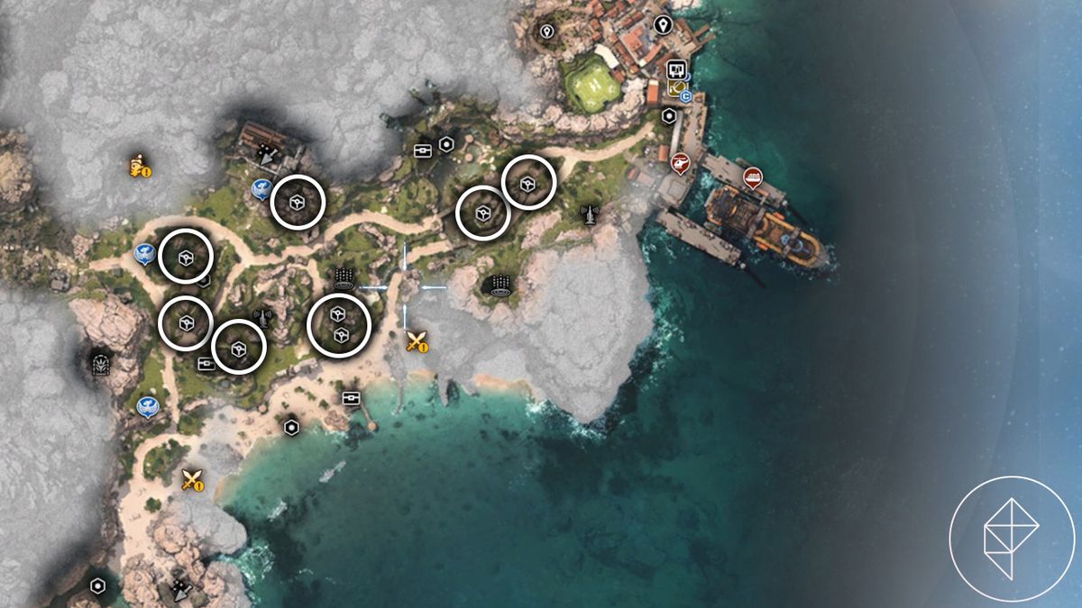 En karta över Costa del Sol med cirklar som visar 8 ziplines i FF7 Rebirth.