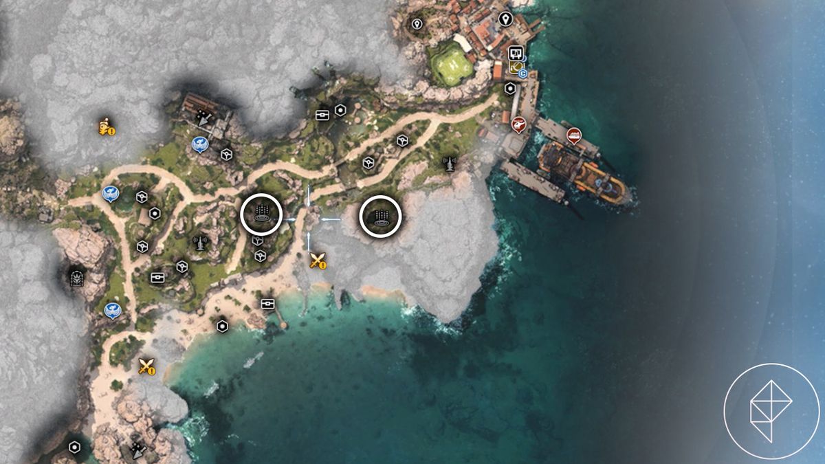 En karta över Corel-regionens källor i FF7 Rebirth, som cirkulerar två av källorna på Costa del Sol-sidan.