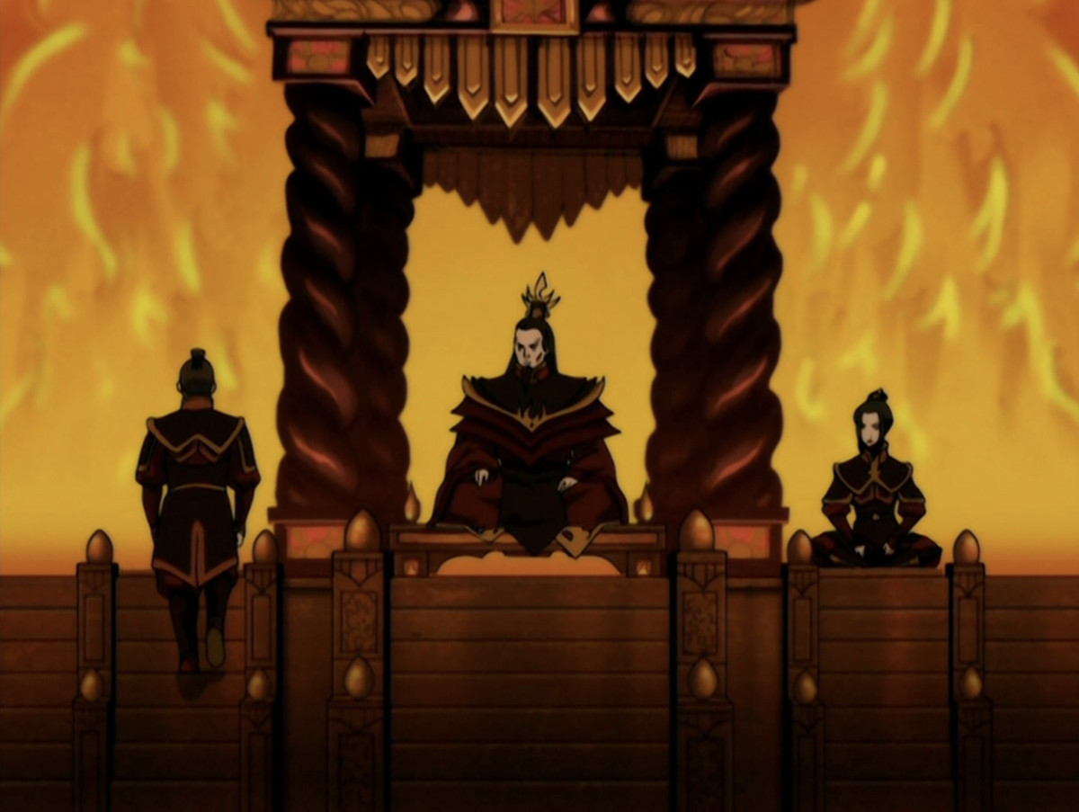 Fire Lord Ozai sitter vid sin tron ​​med Azula vid sin sida