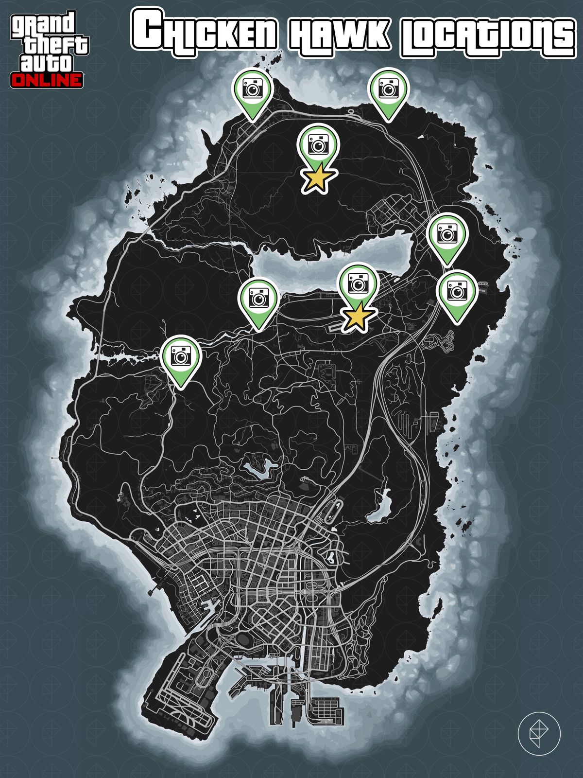 GTA Online-karta som visar chicken hawk-platser