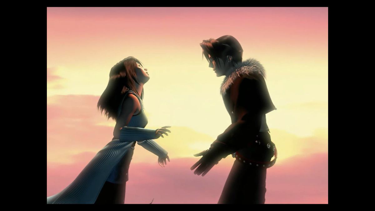 Squall och Rinoa närmar sig varandra mot en solnedgång för en omfamning i den här skärmdumpen från Final Fantasy 8 Remastered