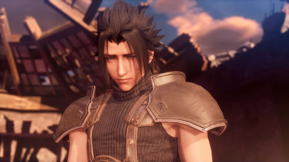 Zack Fair, huvudpersonen i Crisis Core: Final Fantasy 7 Reunion, tittar under kameran när solen täcker honom framifrån