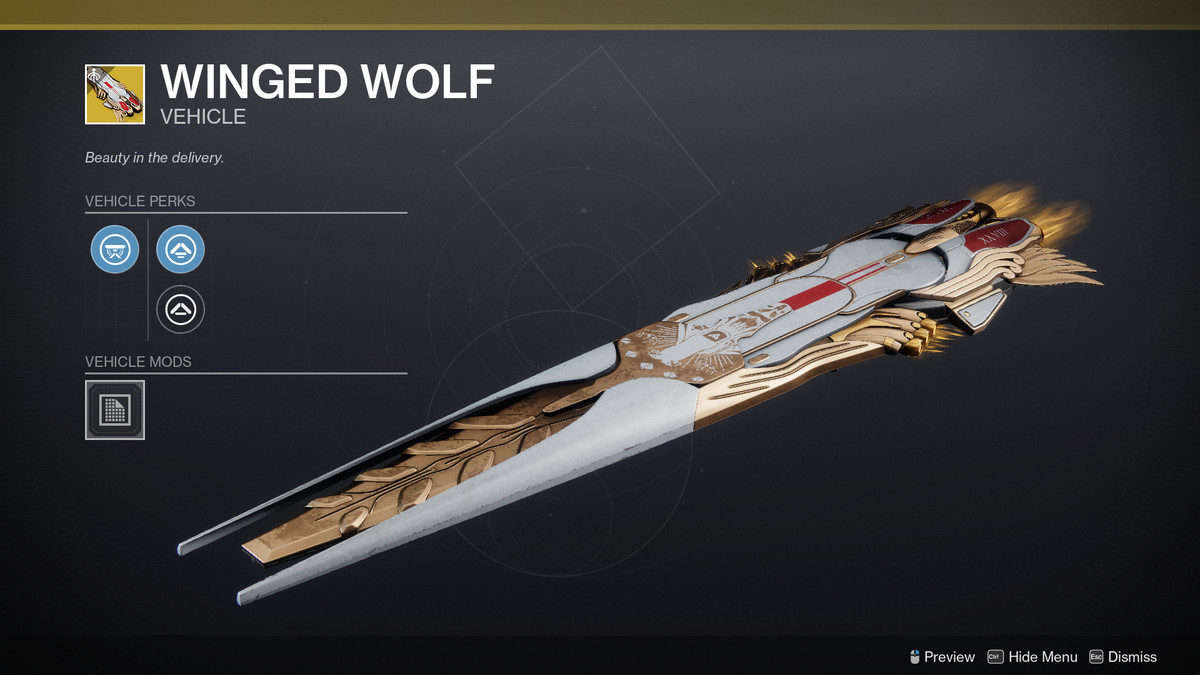The Winged Wolf Eververse-bara exotiska skimmer i Destiny 2