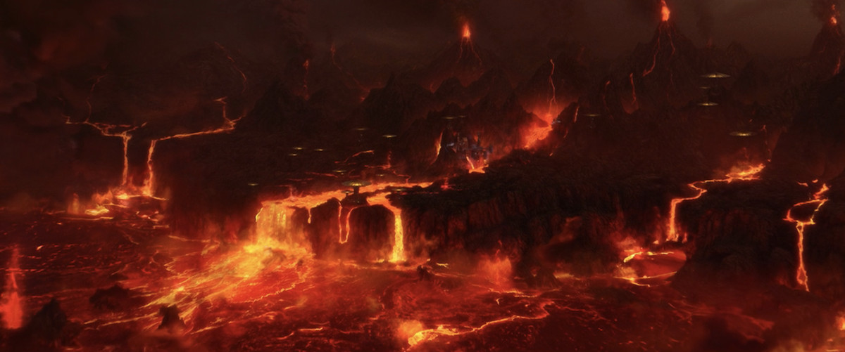 Vulkaner spiller ut sin lava som så många floder och sjöar på planeten Mustafar