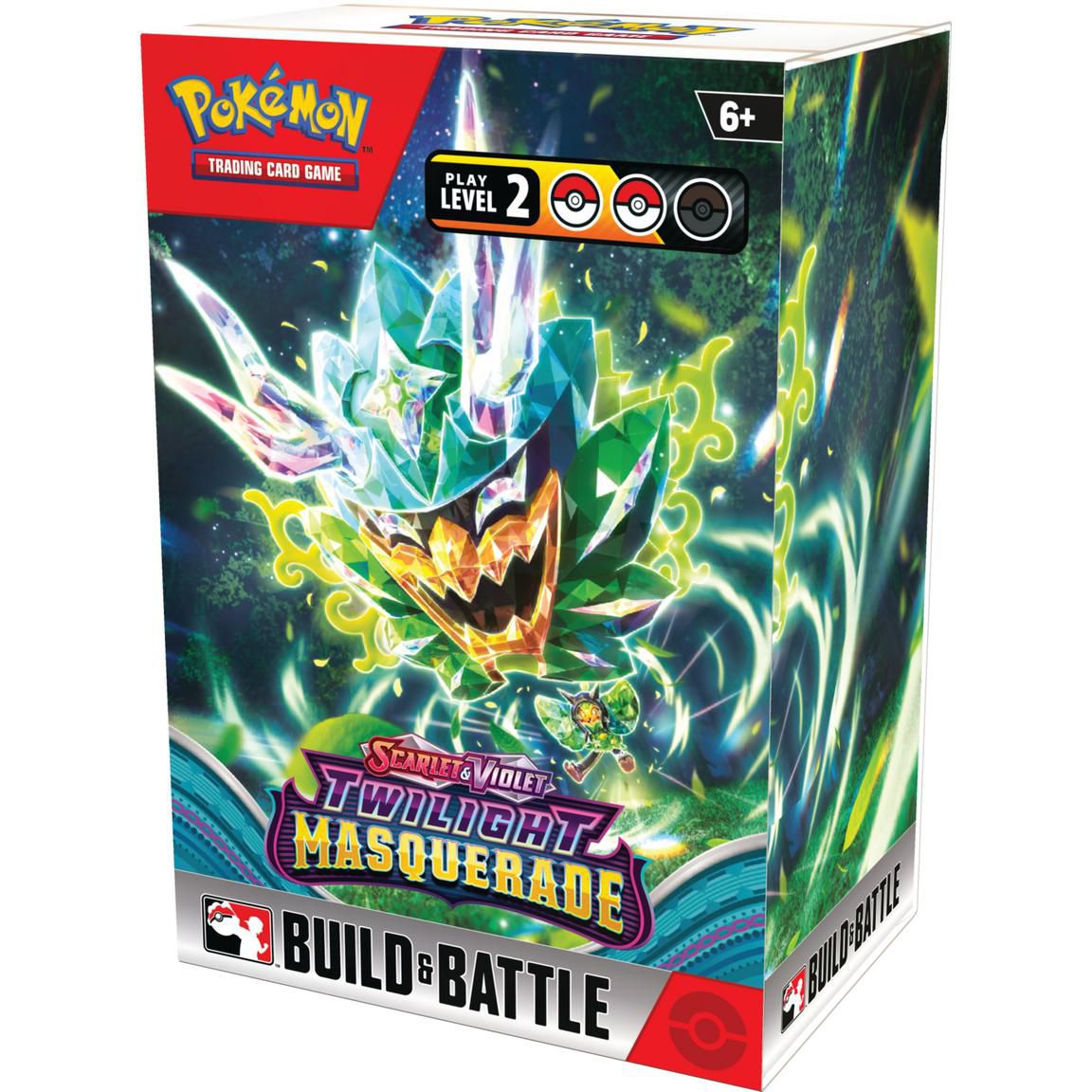 En Build and Battle Pokémon TCG-låda för Twilight Masquerade, med en Ogerpon på omslaget.