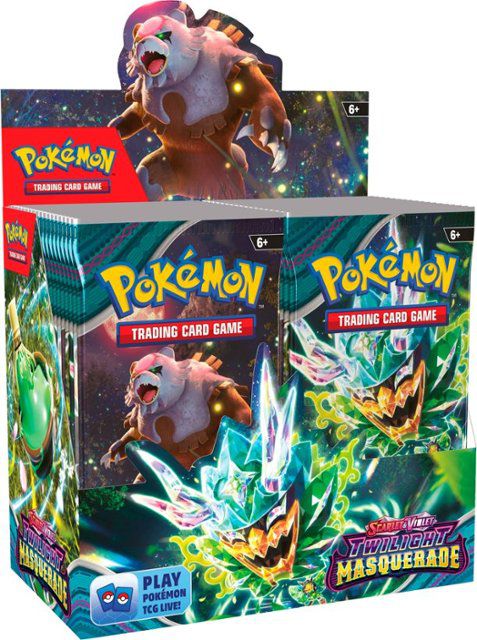 En boosterbox för Pokémon Twilight Masquerade TCG, med Ogrepon och Ursaluna på