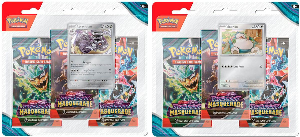 Två blisterförpackningar med tre Pokémon Twilight Masquerade TCG-förpackningar med enstaka kort framtill.