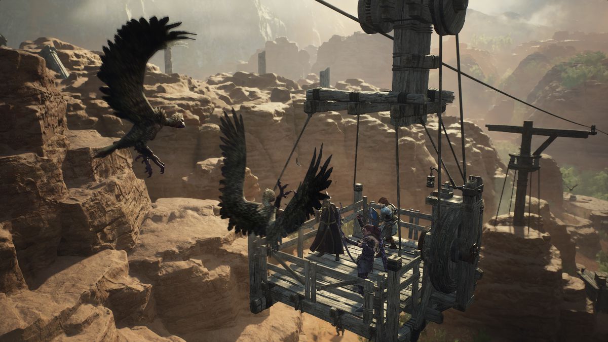 Ett par harpies attackerar en Arisen och deras bönder på en linbana i en skärmdump från Dragon's Dogma 2