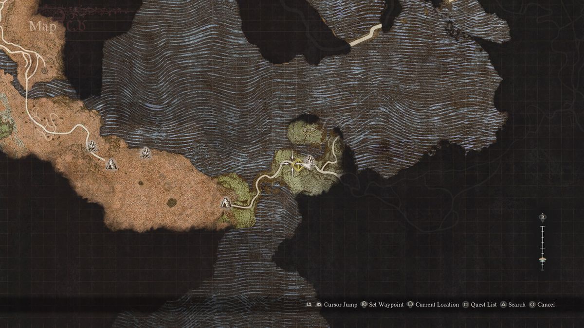 En karta som visar bakvägen till vulkanön Agamen i Dragon's Dogma 2