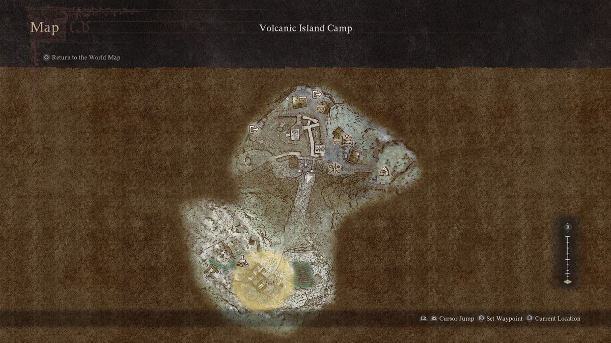 En karta över vulkanölägret i Dragon's Dogma 2