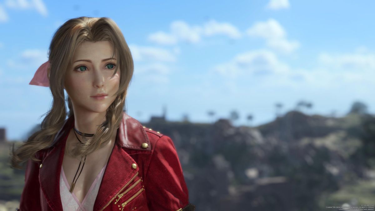 Aerith looking hopeful, her long brown tendrils of hair blowing in the wind