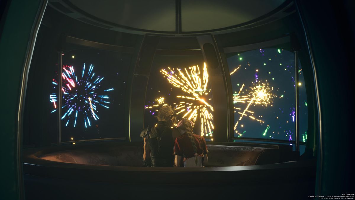 Aerith and Cloud facing away from the camera, with Aerith resting her head on Cloud’s shoulder. Both characters are sitting together in a gondola at the Gold Saucer watching a fireworks display in the night sky outside