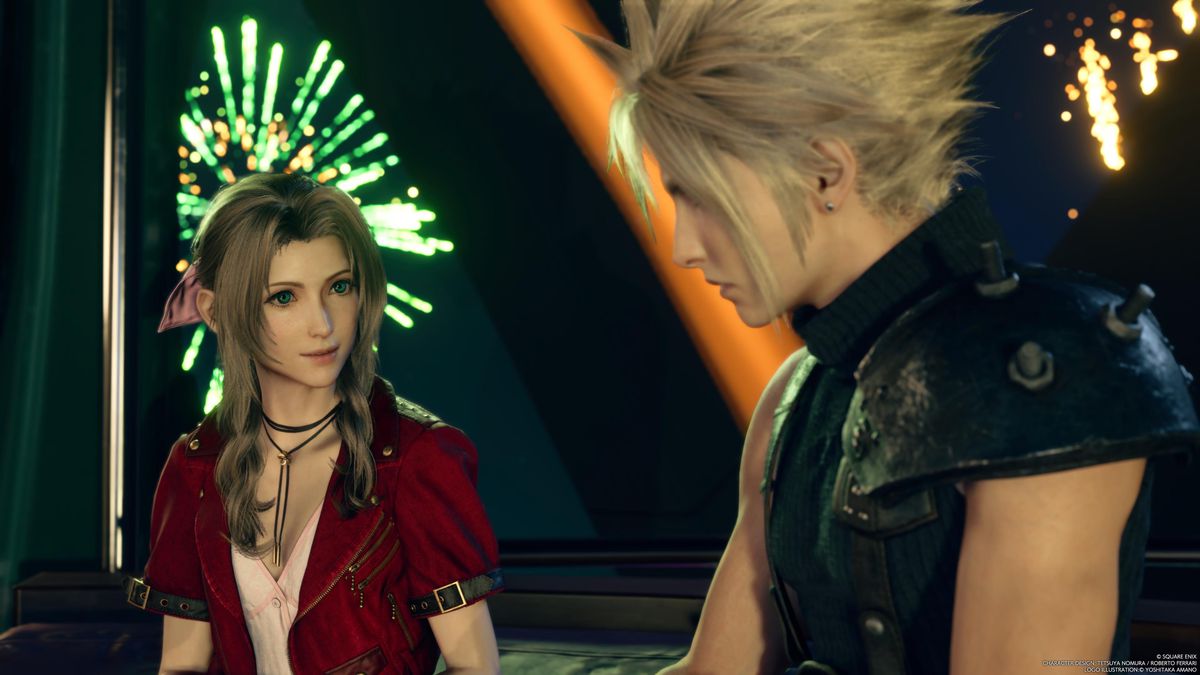 Aerith and Cloud sitting together in a gondola at the Gold Saucer, with a fireworks display in the night sky behind them
