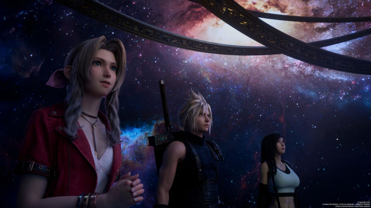 Aerith, Cloud, and Tifa look up in wonderment at the planets and stars on display in the the planetarium at Bugenhagen’s Observatory