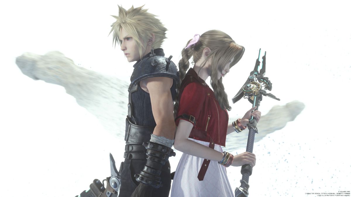 Cloud and Aerith stand back-to-back, each holding their weapons, in front of a stark white background as two white ghostlike beings floating behind them