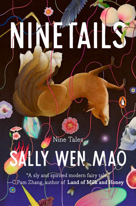 The Ninetails book cover shows a fox surrounded by a skull, flowers, and other objects.