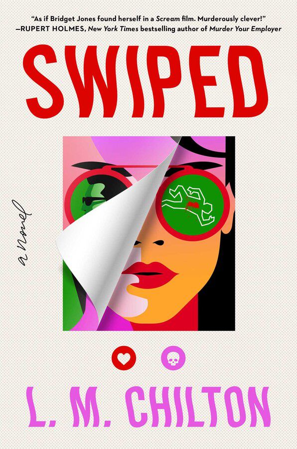 The Swiped book cover shows a woman’s face with an outline of a dead body in one of the lenses of her glasses.