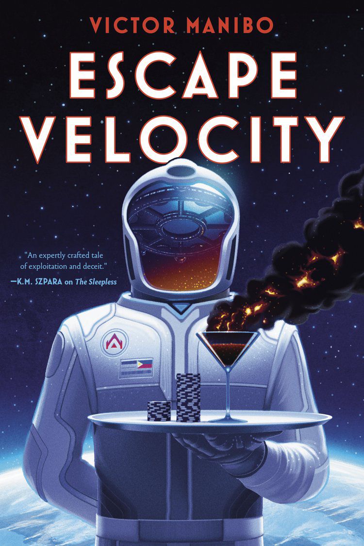 The Escape Velocity book cover shows an astronaut holding a plate with poker chips and a martini glass spilling black smoke.